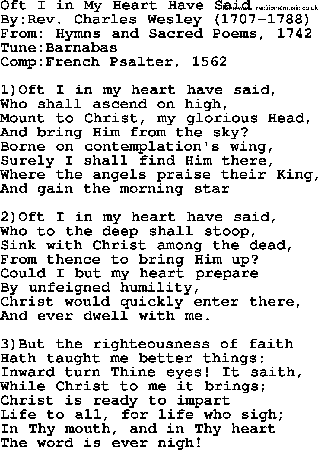 Methodist Hymn: Oft I In My Heart Have Said, lyrics