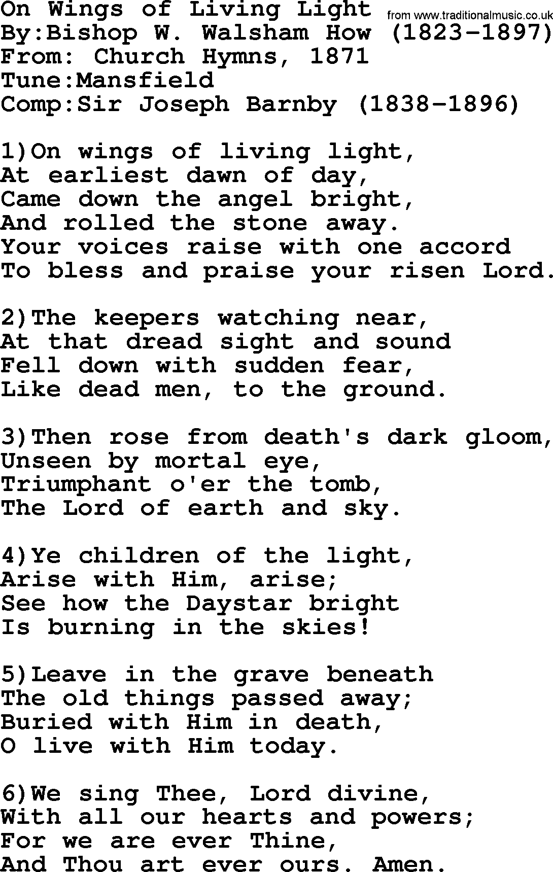 Methodist Hymn: On Wings Of Living Light, lyrics