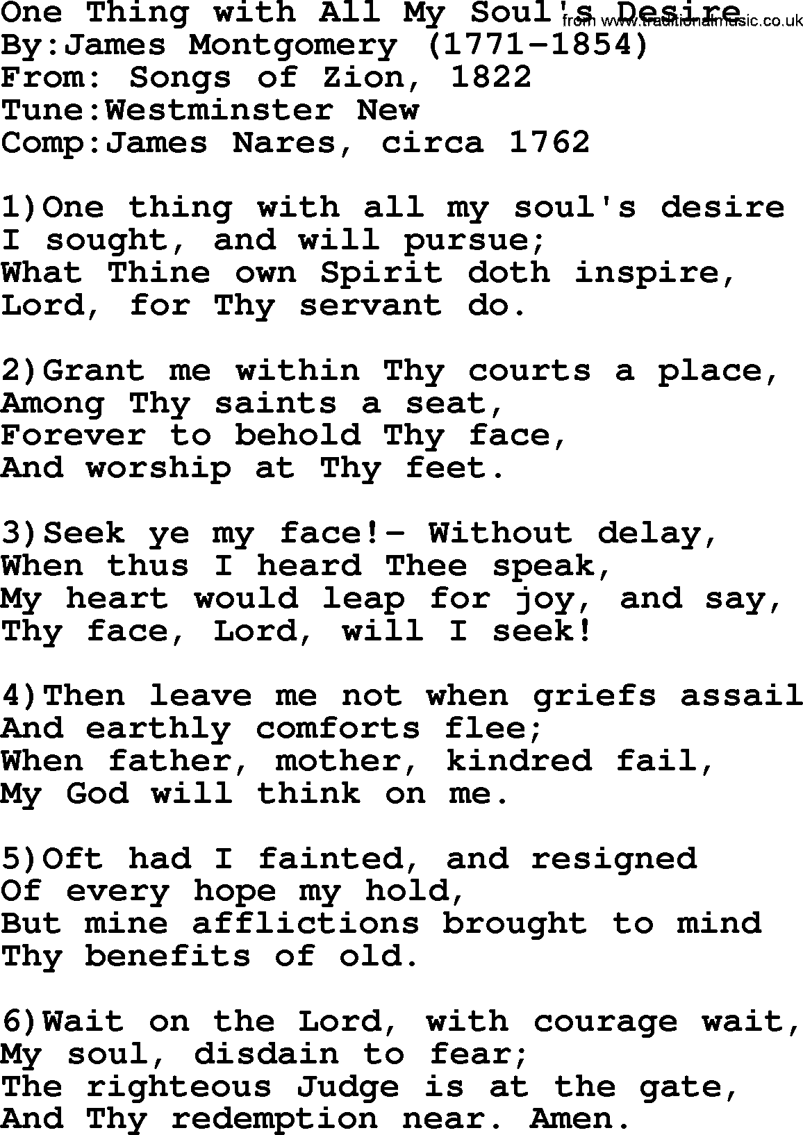 Methodist Hymn: One Thing With All My Soul's Desire, lyrics