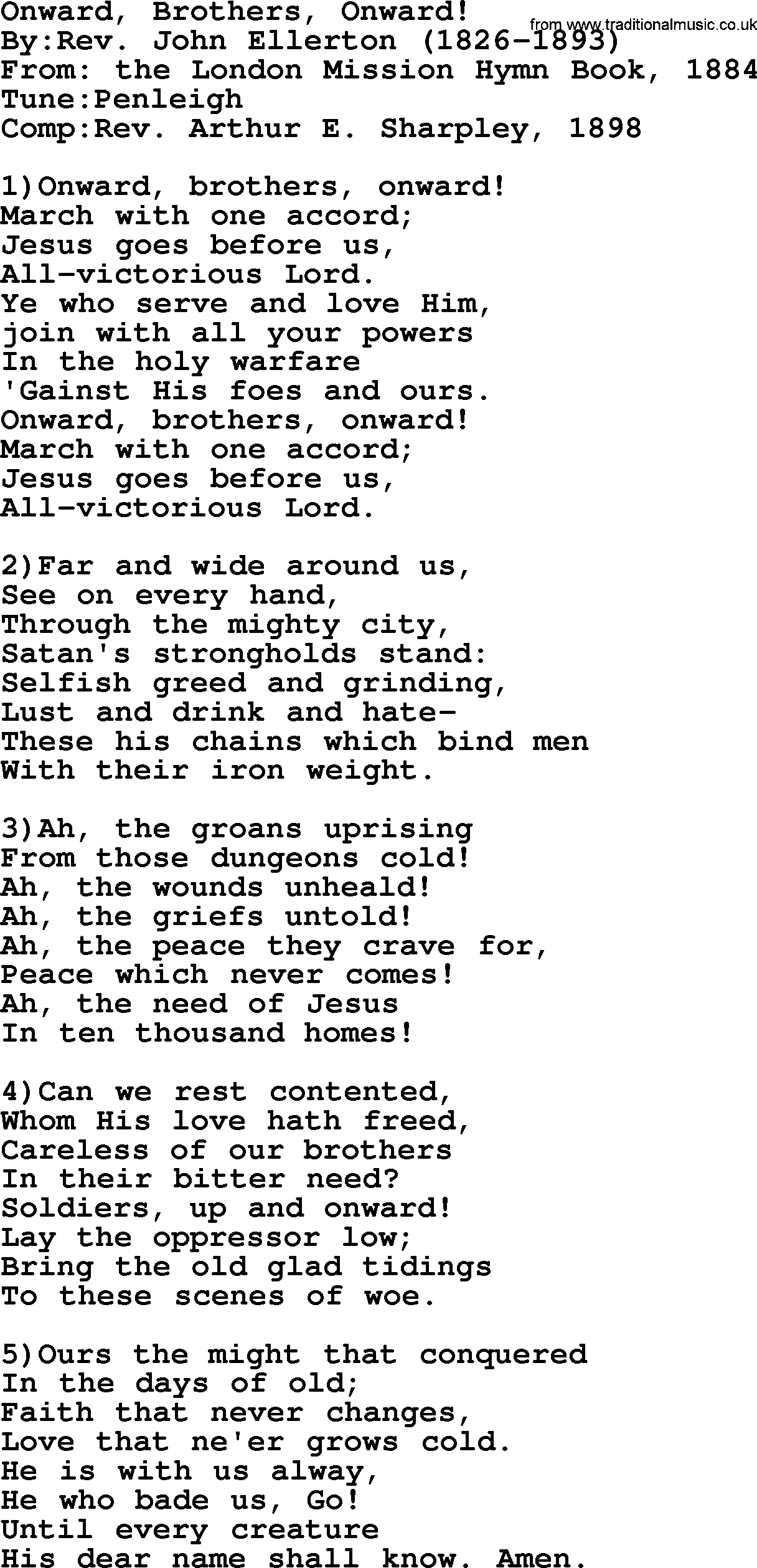 Methodist Hymn: Onward, Brothers, Onward!, lyrics