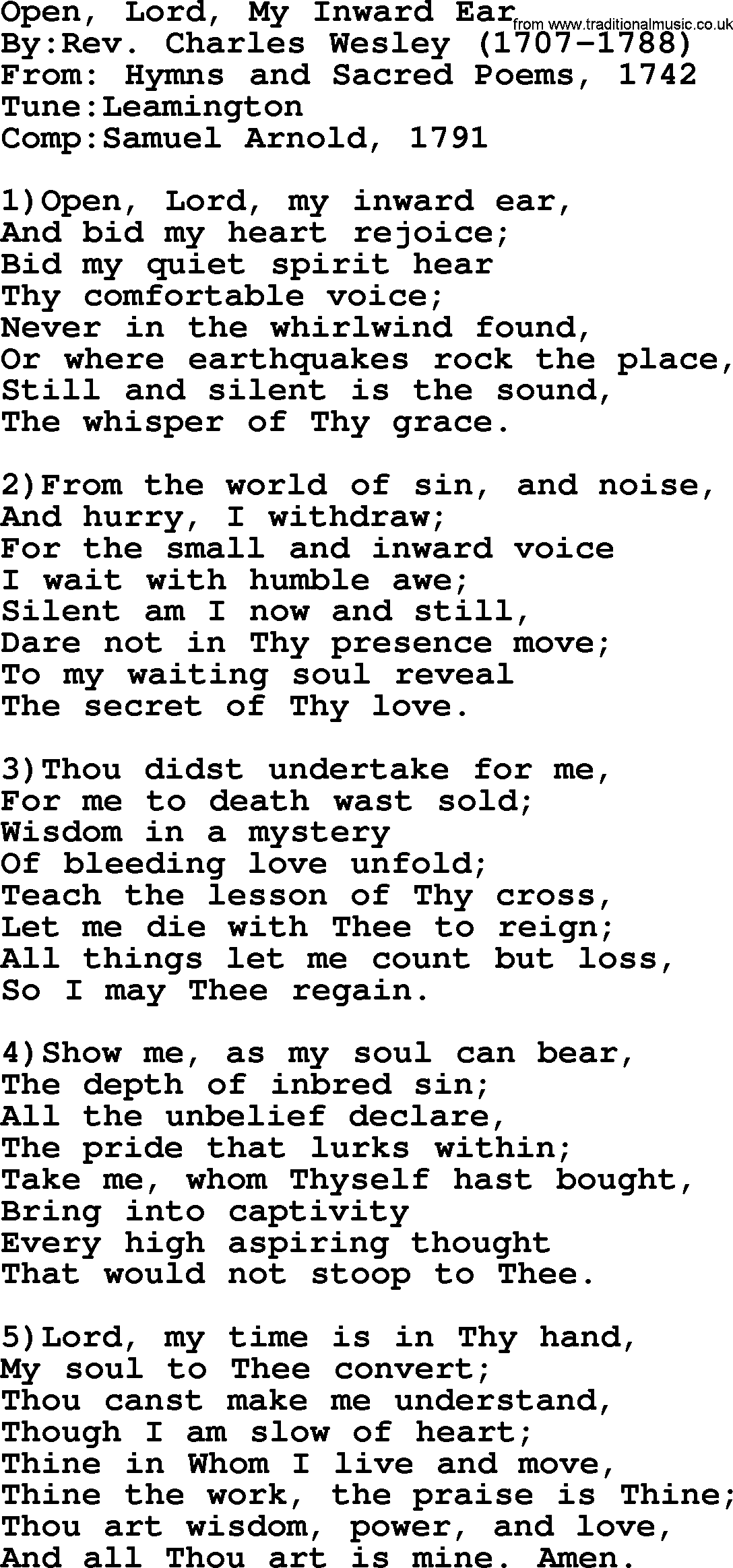 Methodist Hymn: Open, Lord, My Inward Ear, lyrics