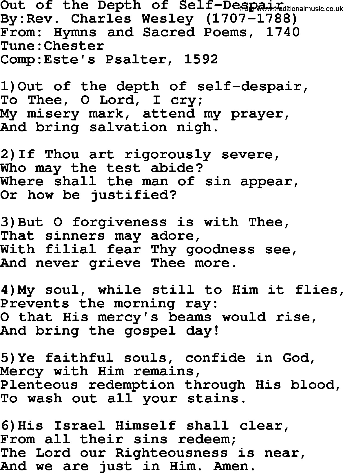Methodist Hymn: Out Of The Depth Of Self-despair, lyrics
