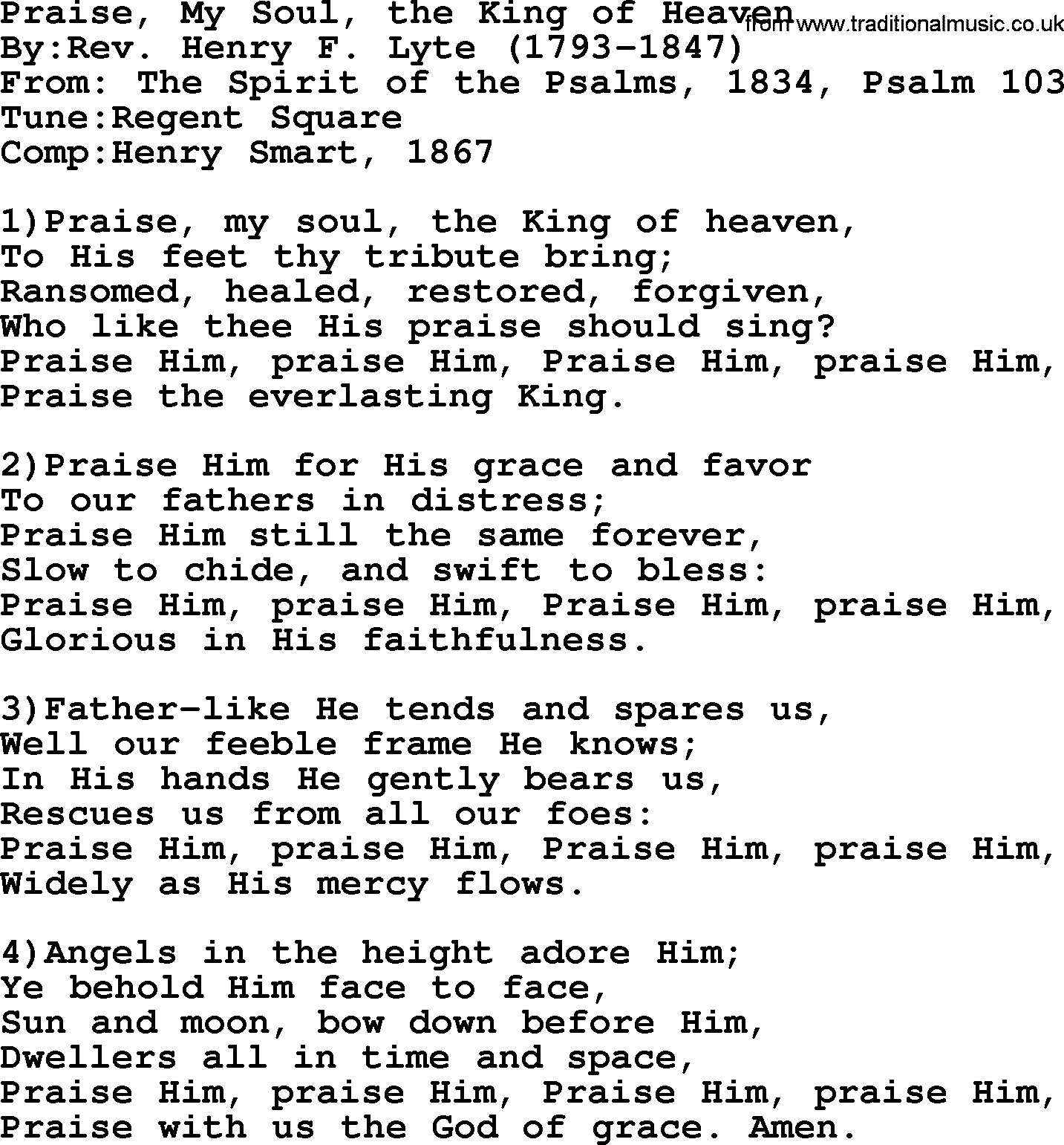 Methodist Hymn: Praise, My Soul, The King Of Heaven, lyrics