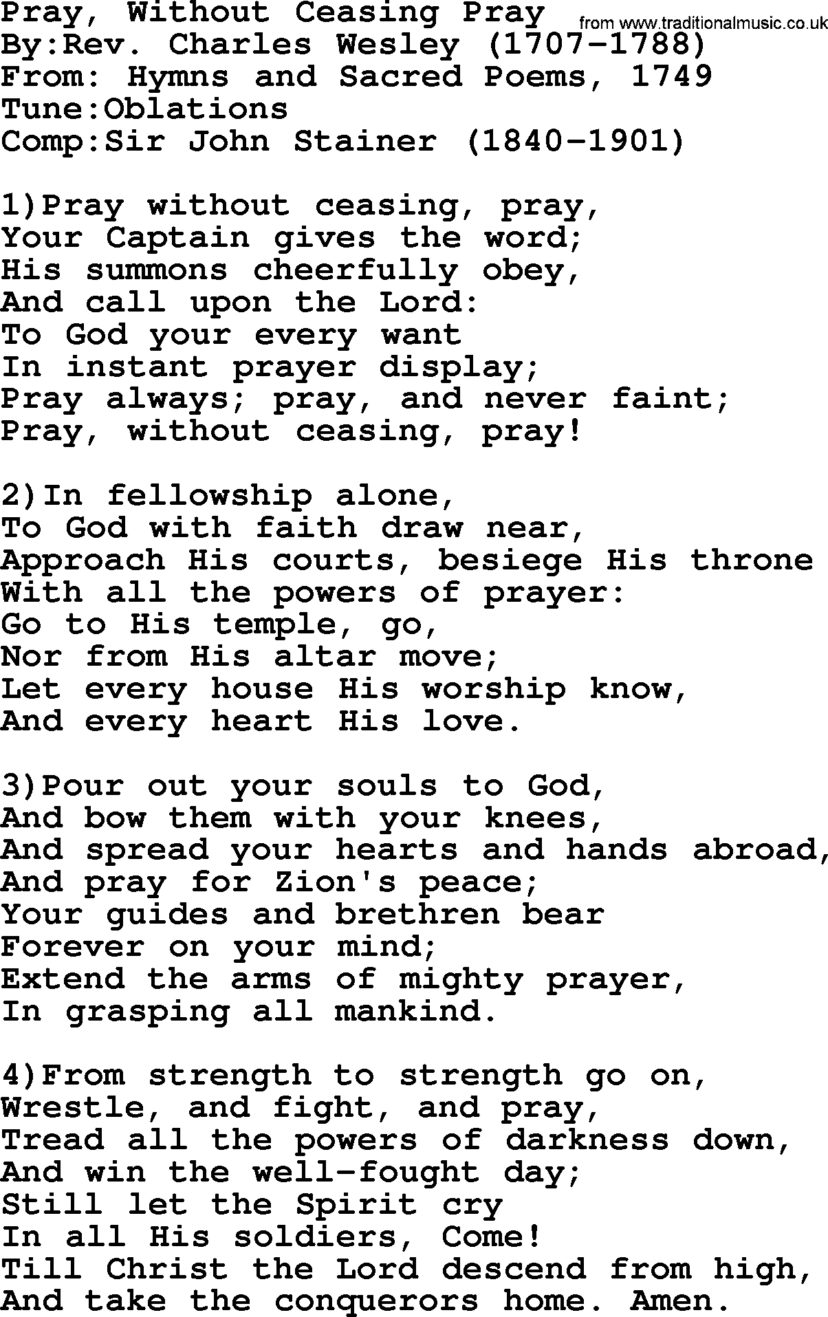 Methodist Hymn: Pray, Without Ceasing Pray, lyrics