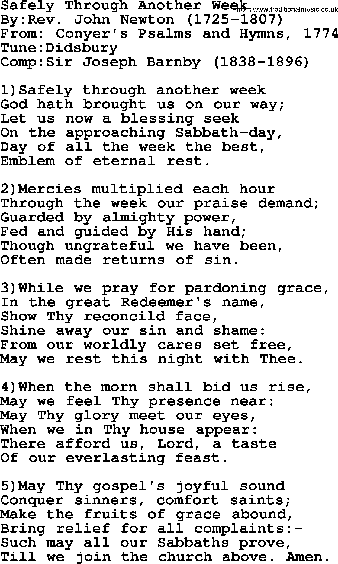 Methodist Hymn: Safely Through Another Week, lyrics