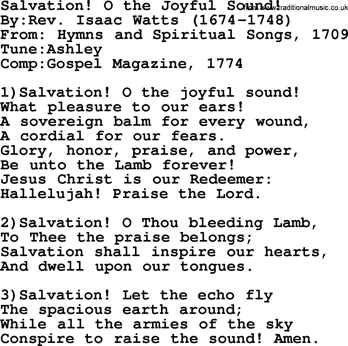 Methodist Hymn: Salvation! O The Joyful Sound!, lyrics