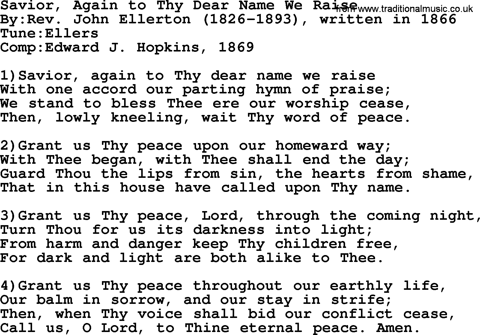 Methodist Hymn: Savior, Again To Thy Dear Name We Raise, lyrics