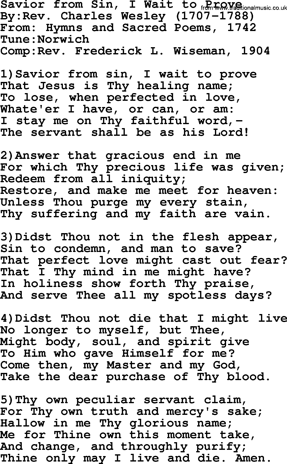 Methodist Hymn: Savior From Sin, I Wait To Prove, lyrics