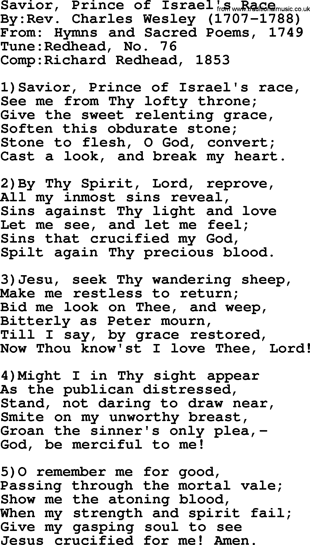 Methodist Hymn: Savior, Prince Of Israel's Race, lyrics