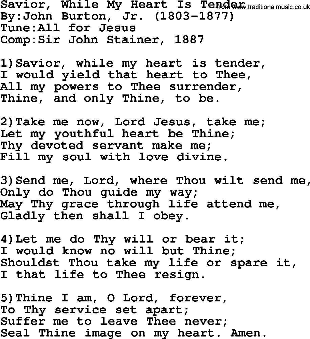 Methodist Hymn: Savior, While My Heart Is Tender, lyrics