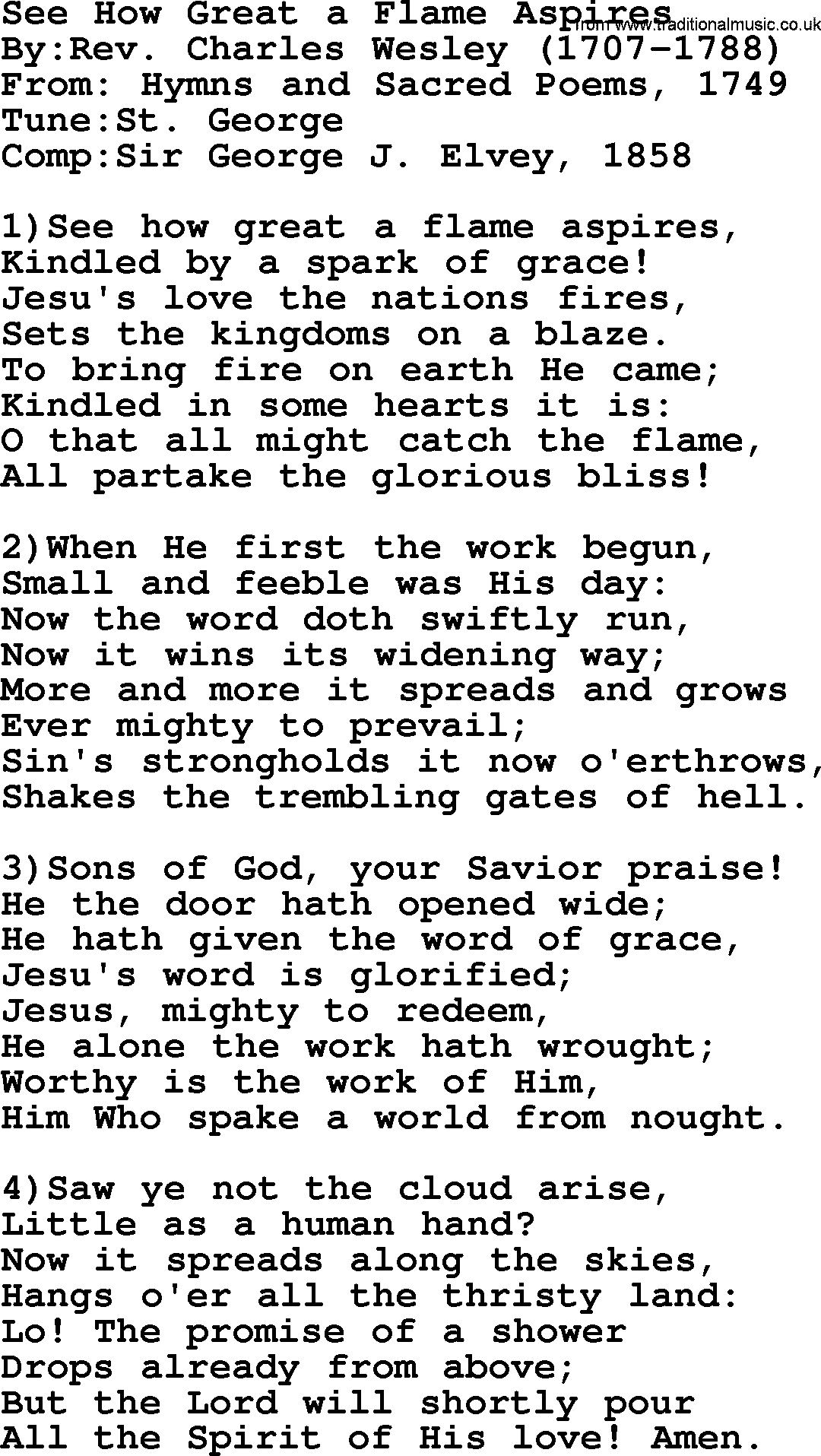 Methodist Hymn: See How Great A Flame Aspires, lyrics