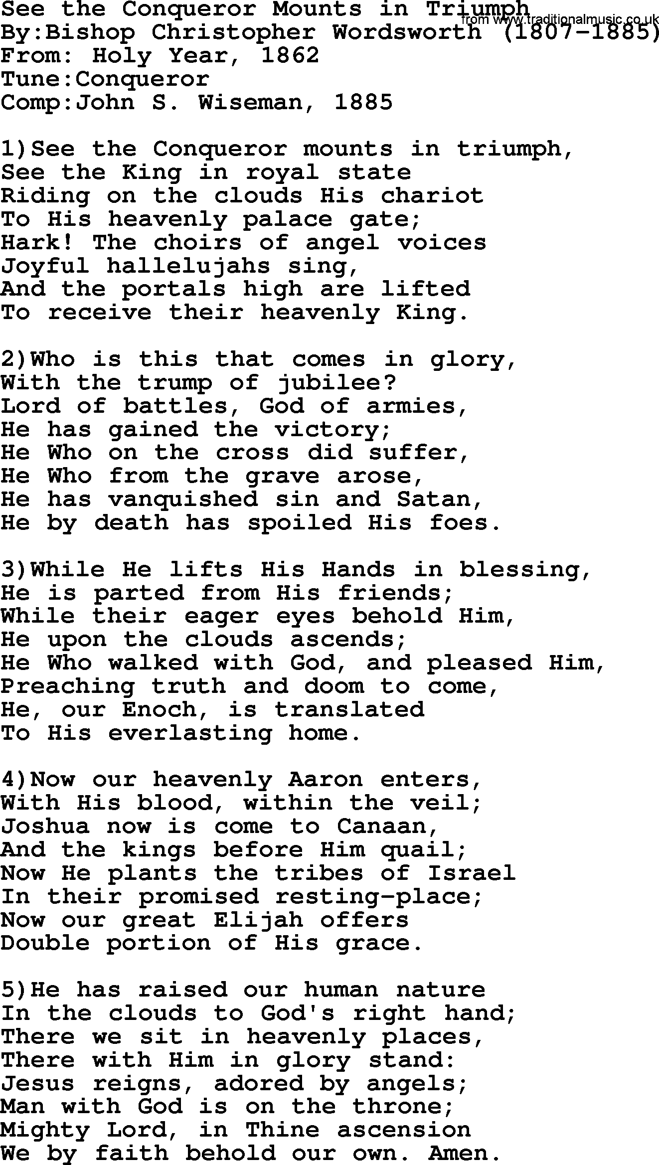 Methodist Hymn: See The Conqueror Mounts In Triumph, lyrics