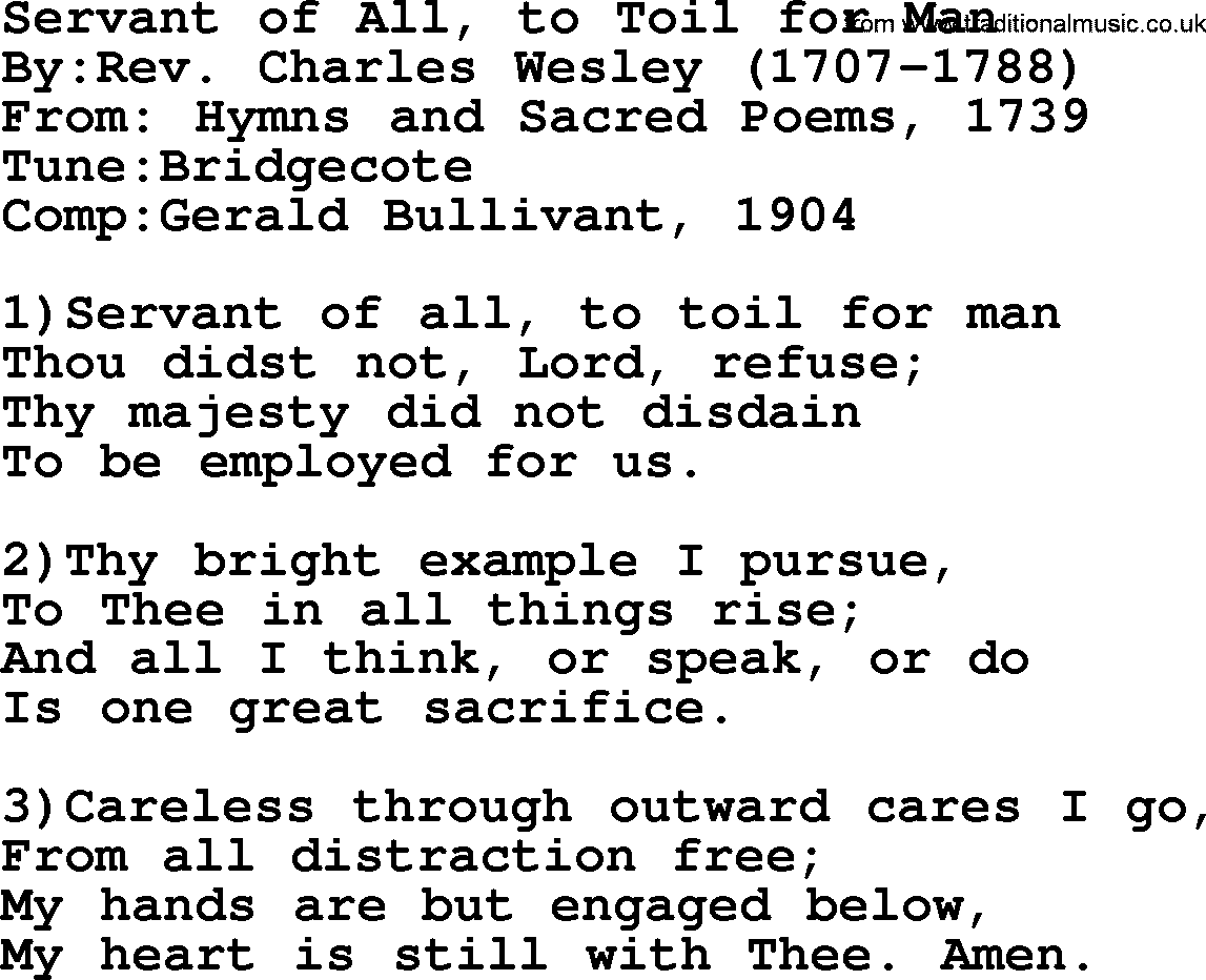 Methodist Hymn: Servant Of All, To Toil For Man, lyrics