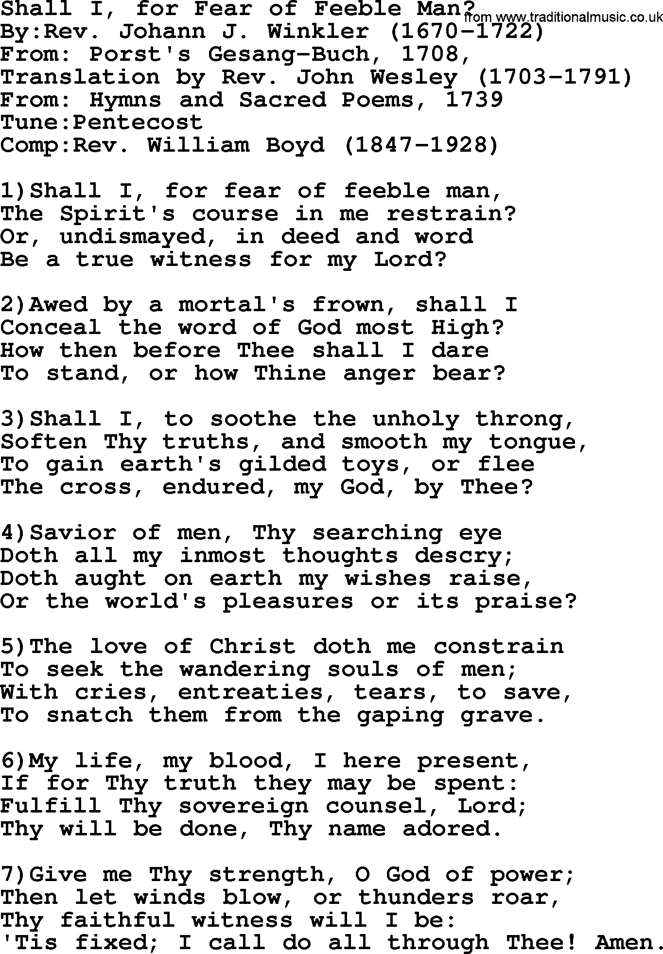 Methodist Hymn: Shall I, For Fear Of Feeble Man, lyrics
