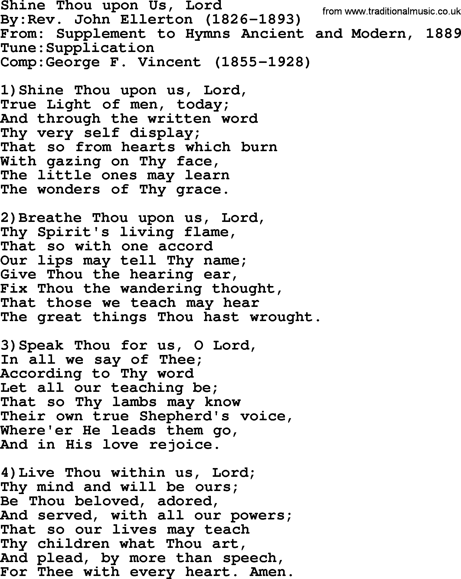 Methodist Hymn: Shine Thou Upon Us, Lord, lyrics