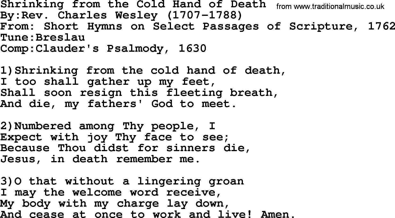 Methodist Hymn: Shrinking From The Cold Hand Of Death, lyrics
