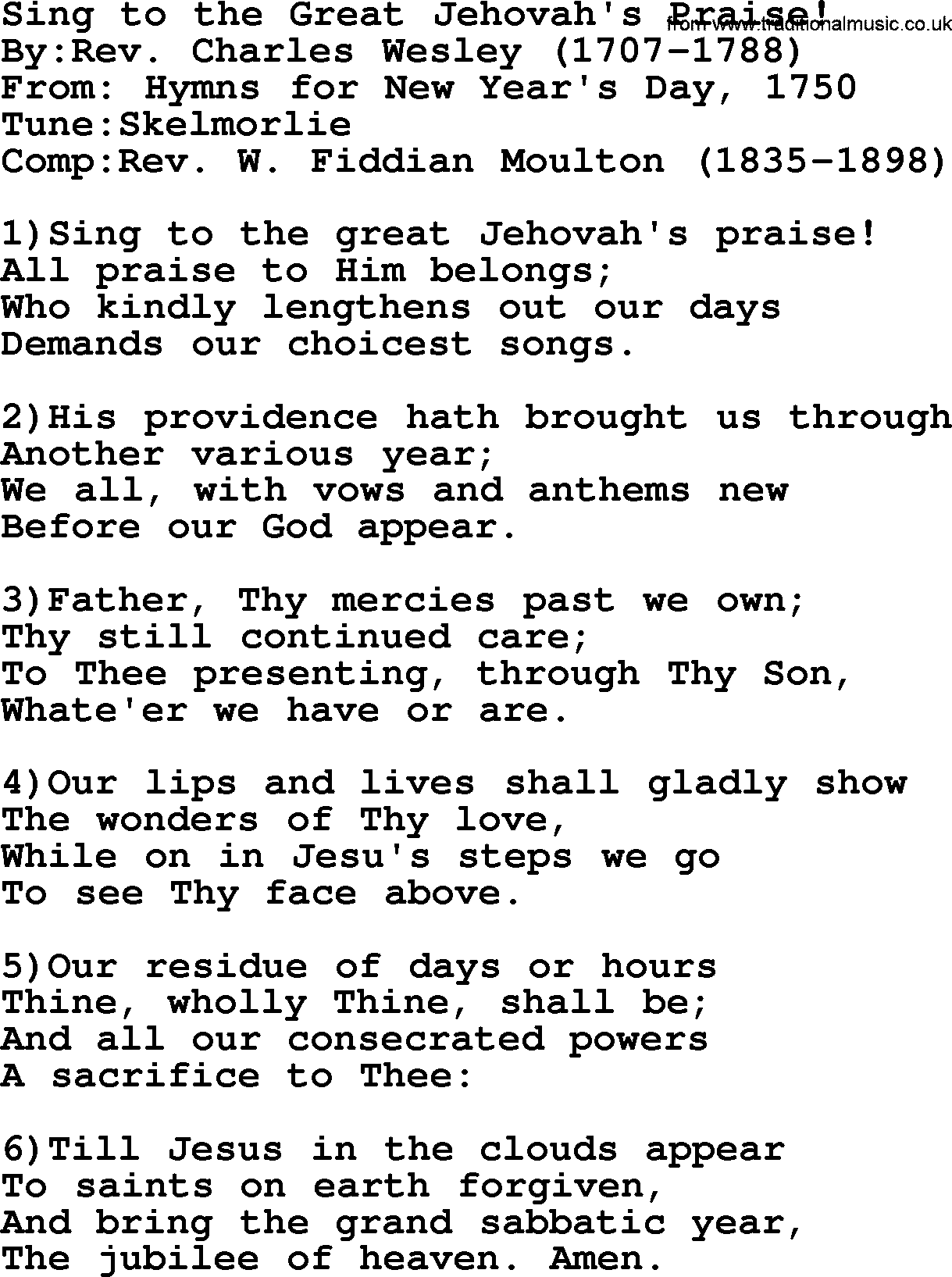 Methodist Hymn: Sing To The Great Jehovah's Praise!, lyrics