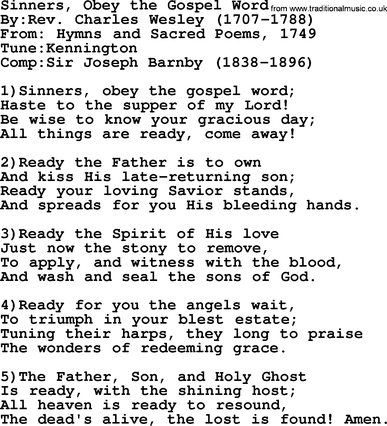 Methodist Hymn: Sinners, Obey The Gospel Word, lyrics