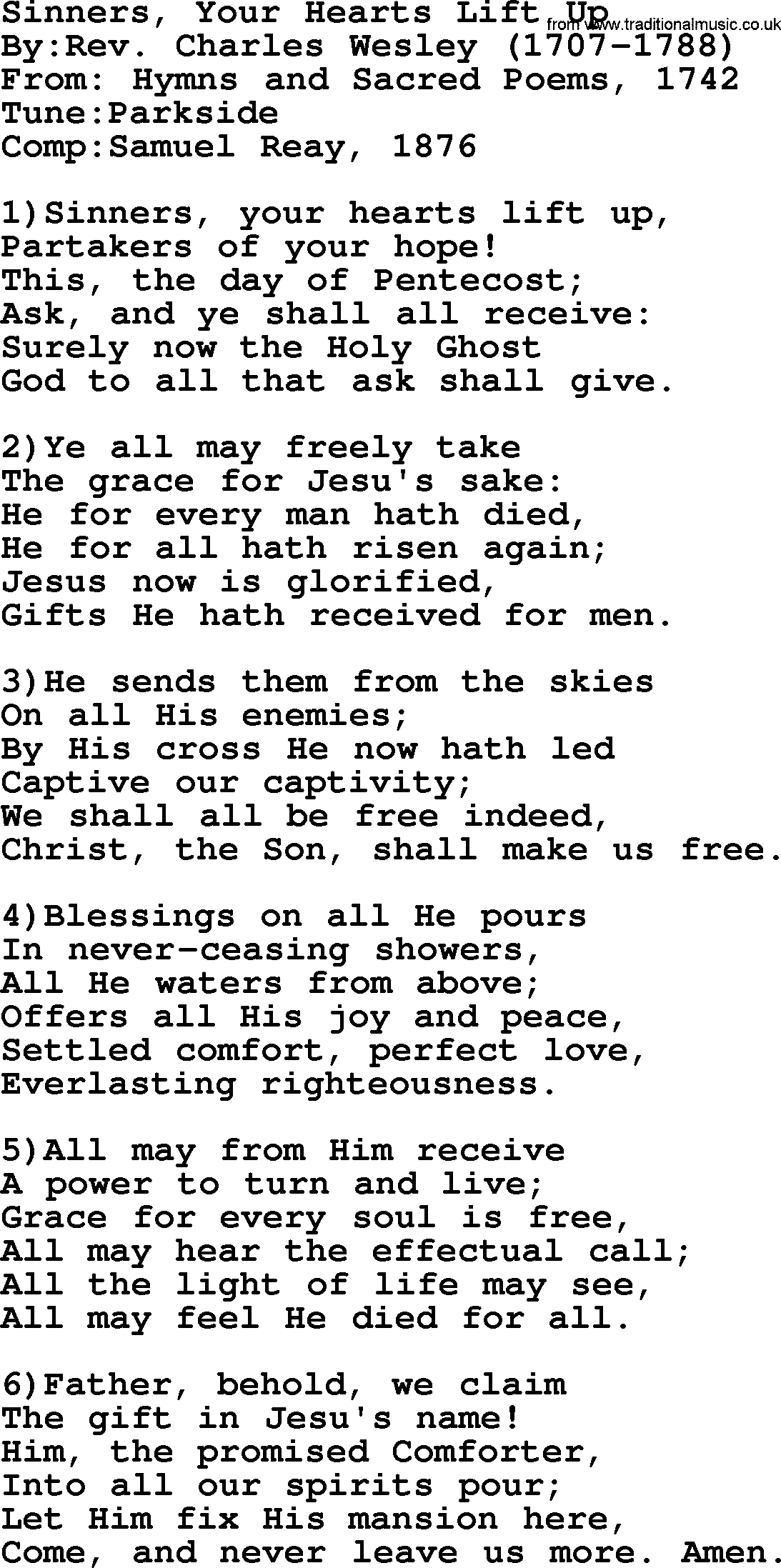 Methodist Hymn: Sinners, Your Hearts Lift Up, lyrics