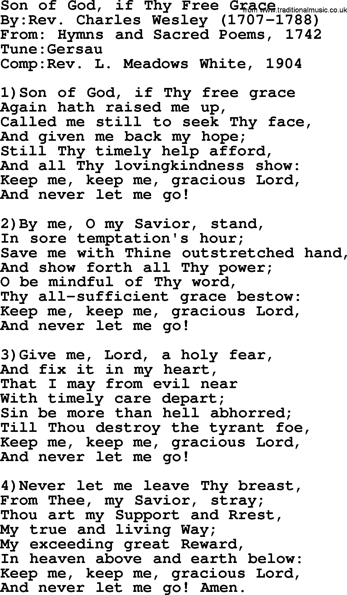 Methodist Hymn: Son Of God, If Thy Free Grace, lyrics