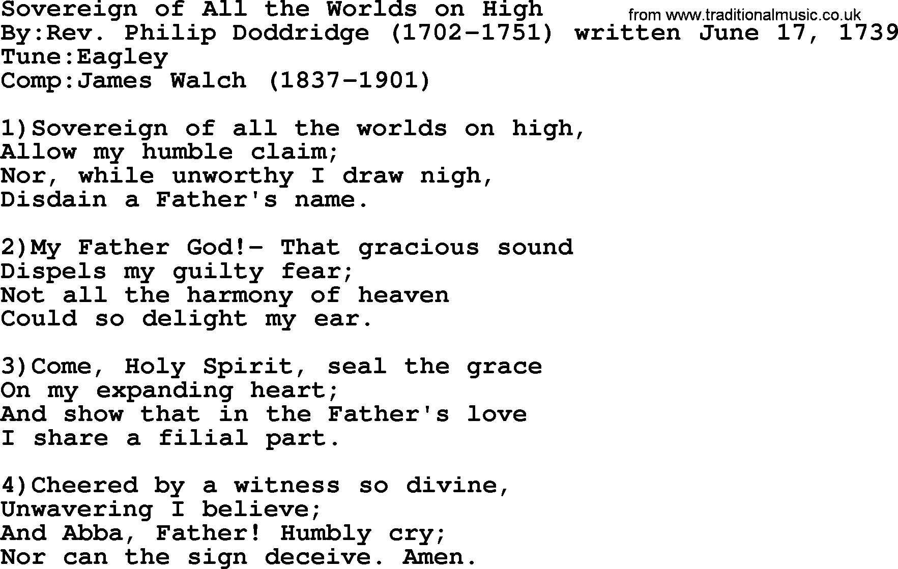 Methodist Hymn: Sovereign Of All The Worlds On High, lyrics