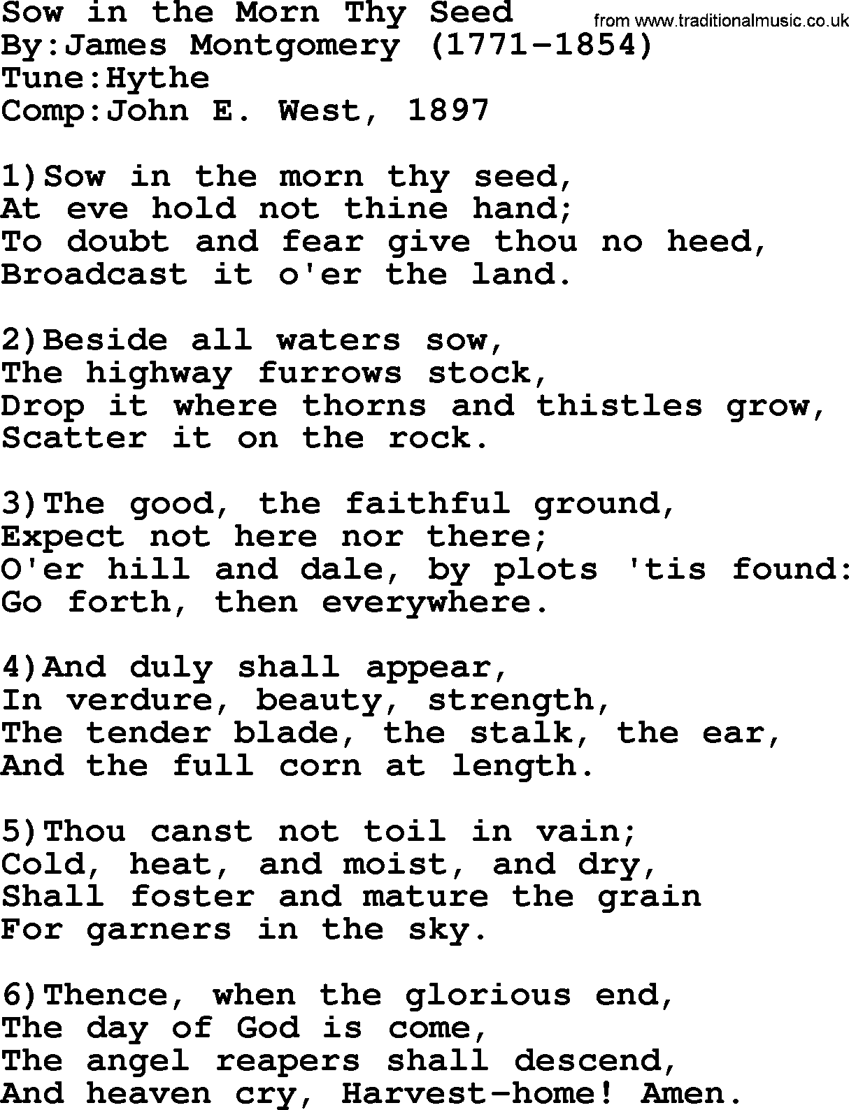 Methodist Hymn: Sow In The Morn Thy Seed, lyrics
