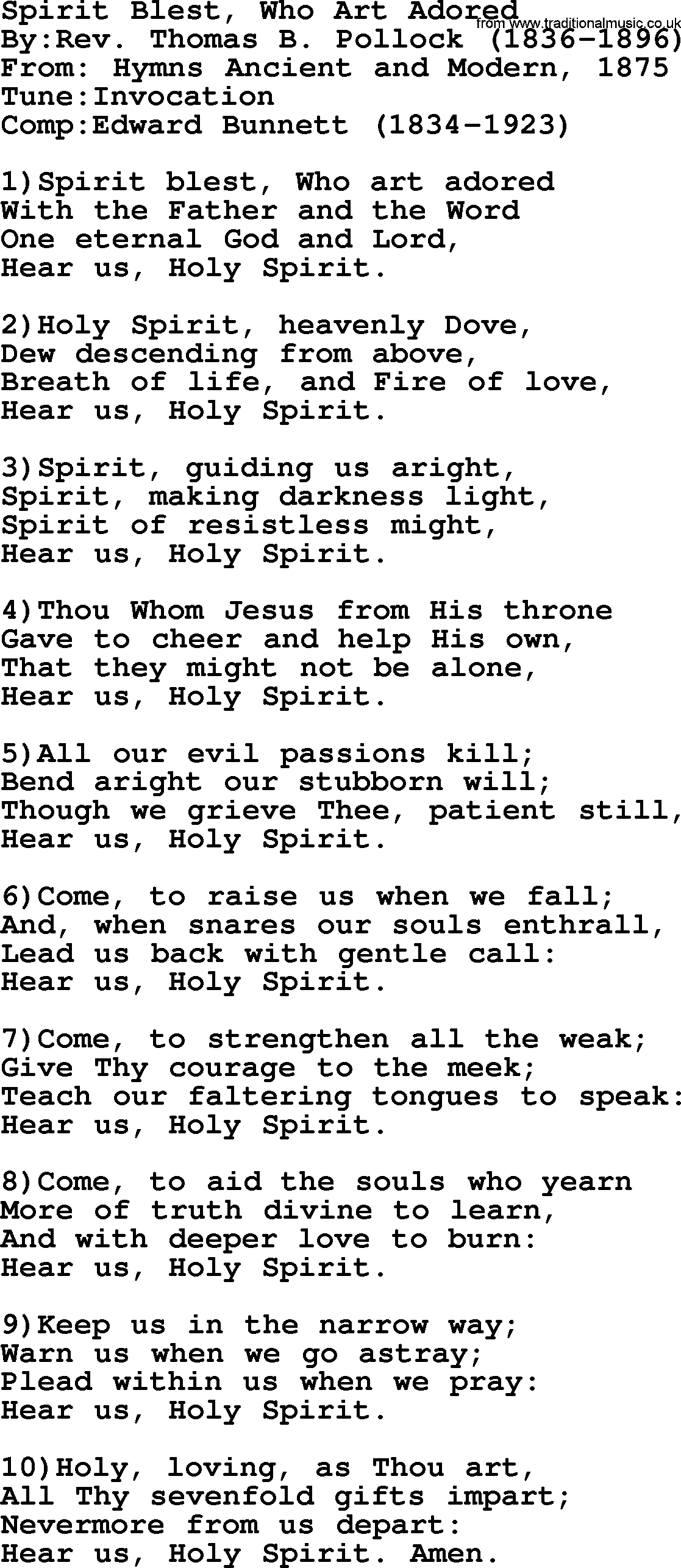 Methodist Hymn: Spirit Blest, Who Art Adored, lyrics