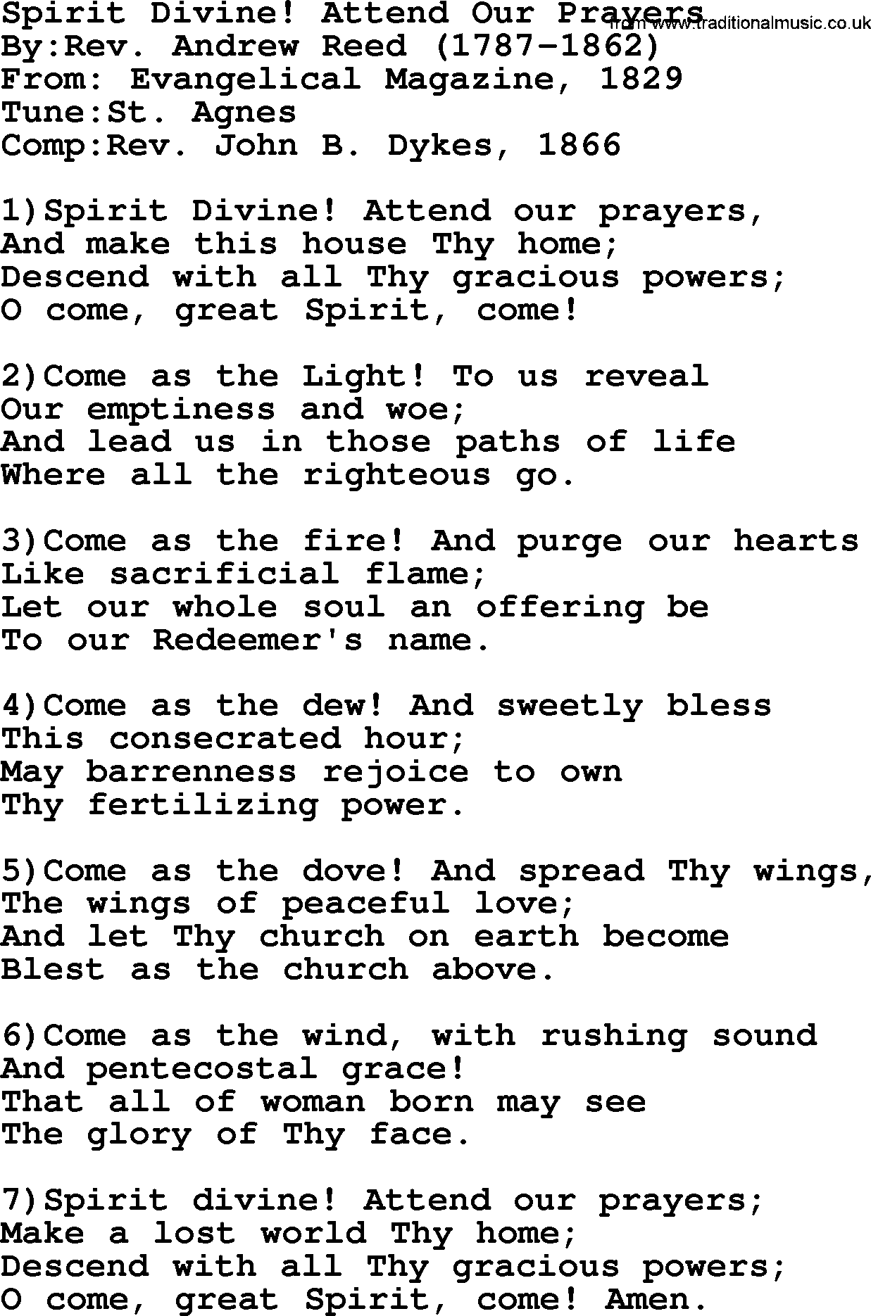 Methodist Hymn: Spirit Divine! Attend Our Prayers, lyrics