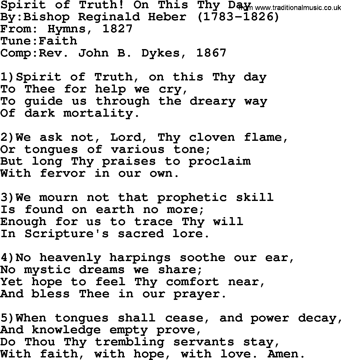 Methodist Hymn: Spirit Of Truth! On This Thy Day, lyrics