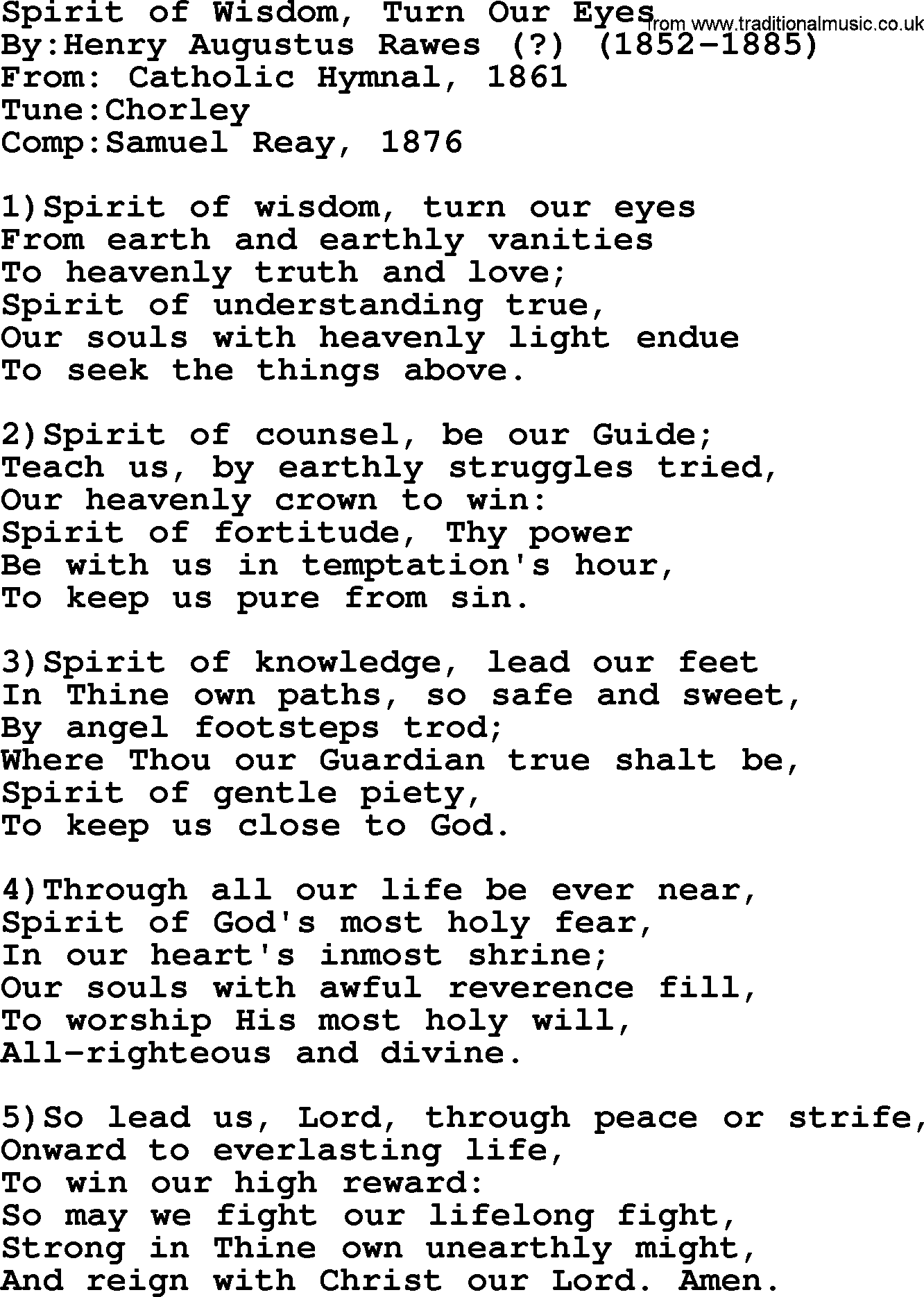 Methodist Hymn: Spirit Of Wisdom, Turn Our Eyes, lyrics