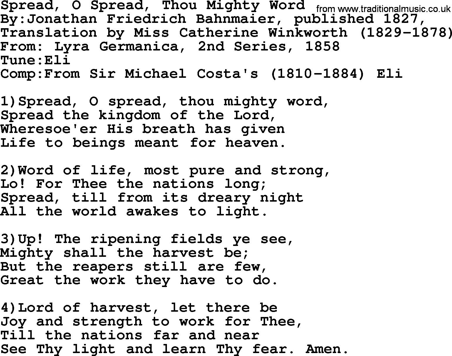 Methodist Hymn: Spread, O Spread, Thou Mighty Word, lyrics