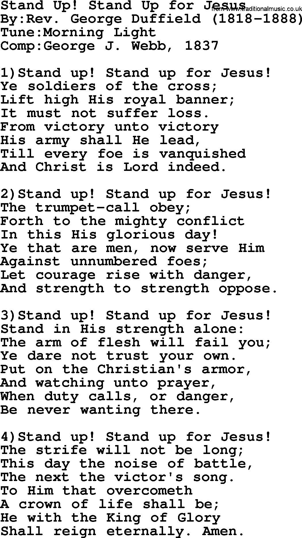 Methodist Hymn: Stand Up! Stand Up For Jesus, lyrics