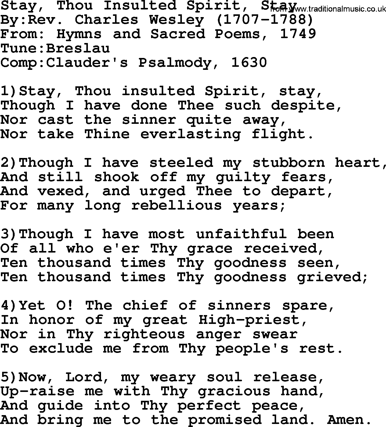 Methodist Hymn: Stay, Thou Insulted Spirit, Stay, lyrics