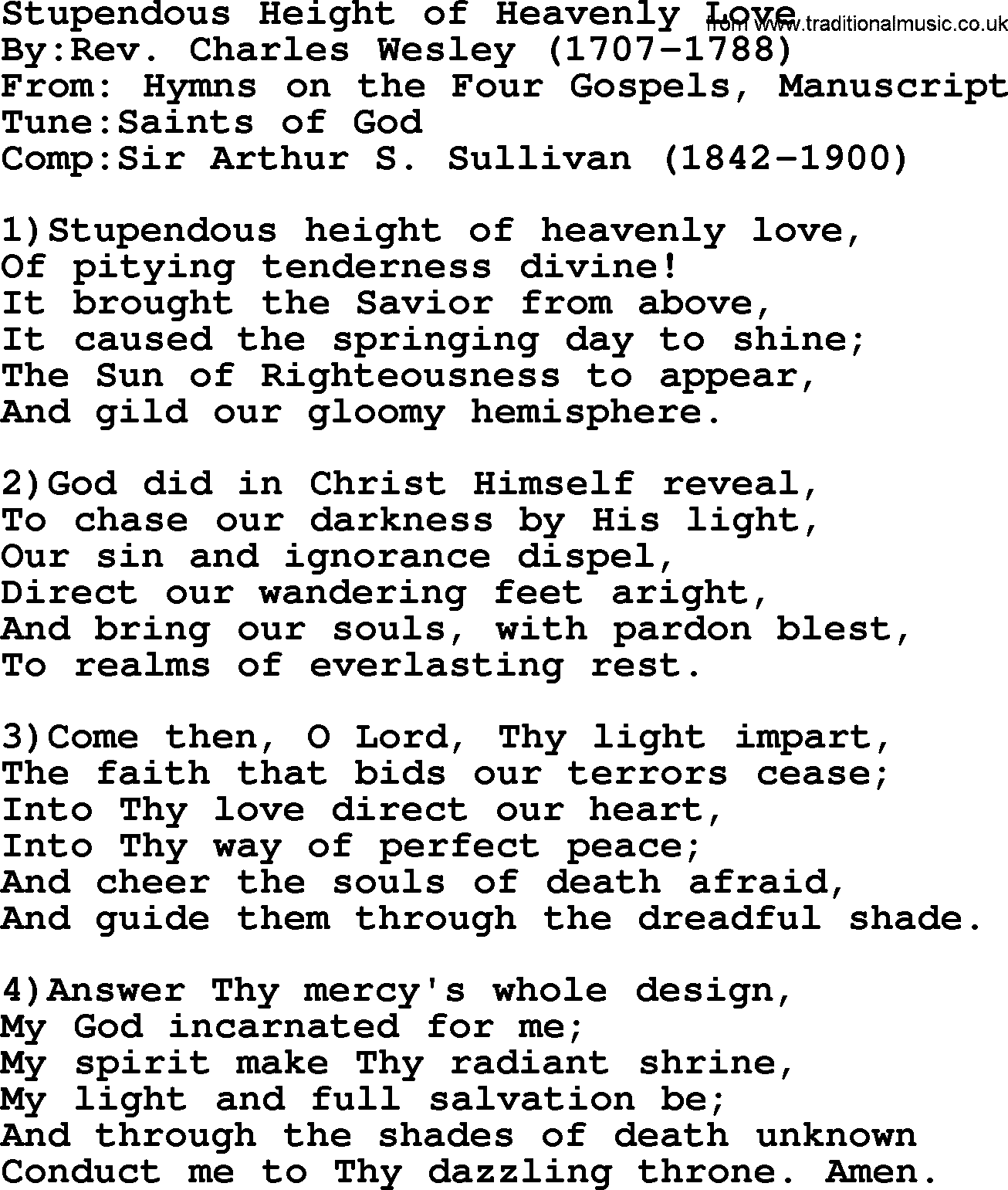 Methodist Hymn: Stupendous Height Of Heavenly Love, lyrics