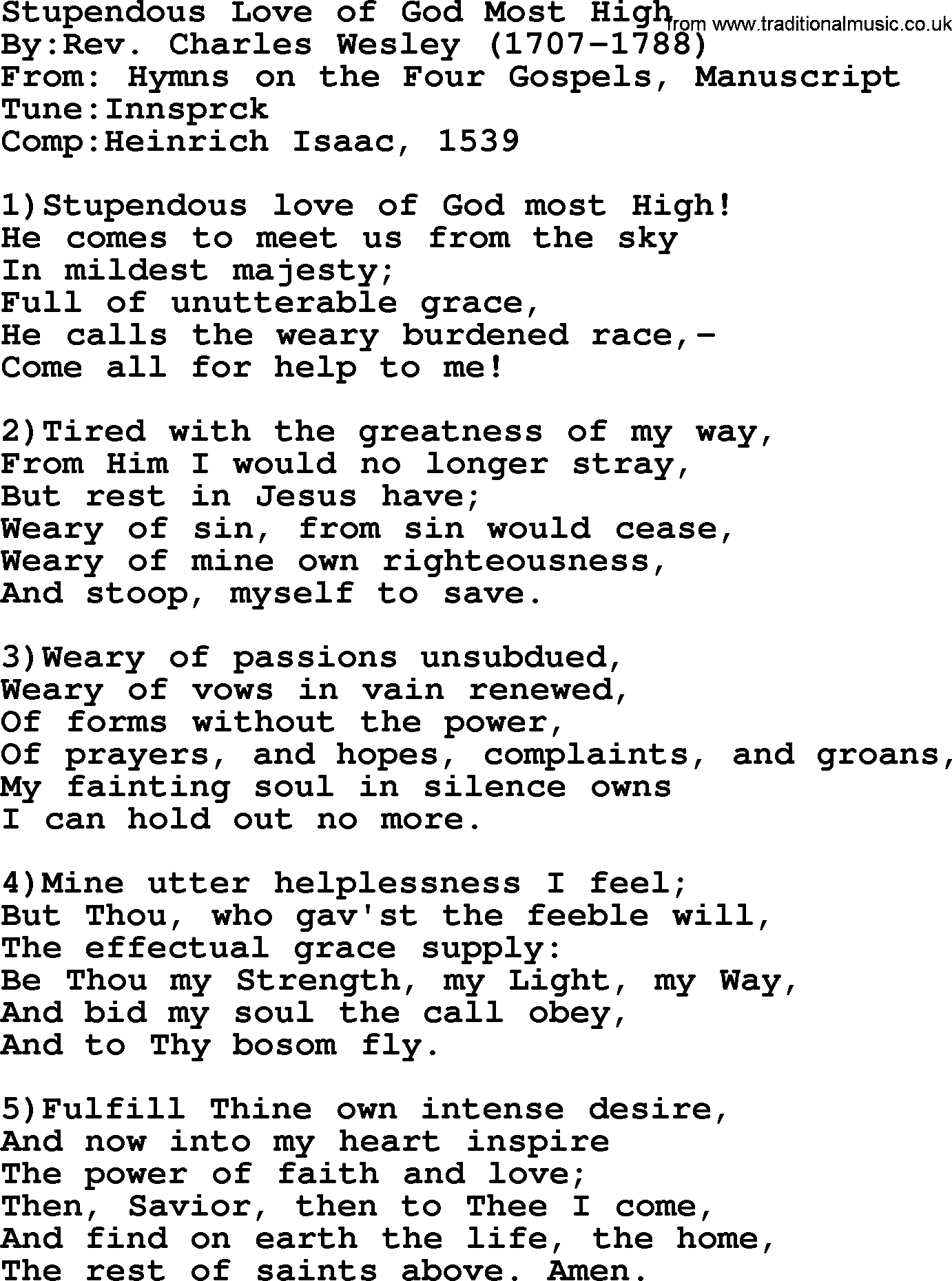 Methodist Hymn: Stupendous Love Of God Most High, lyrics