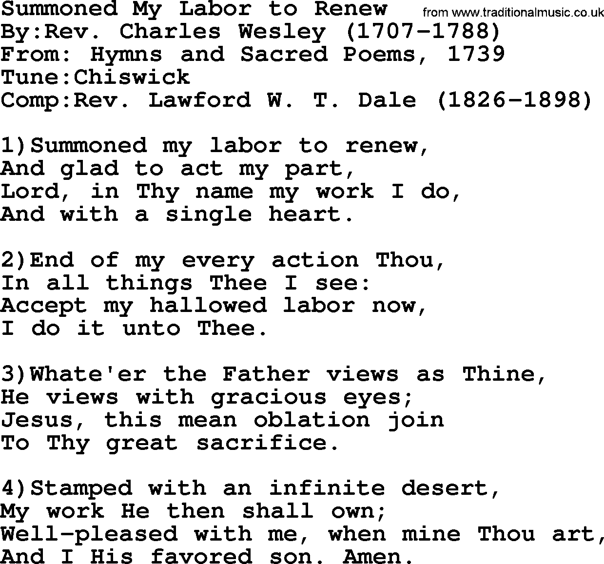 Methodist Hymn: Summoned My Labor To Renew, lyrics