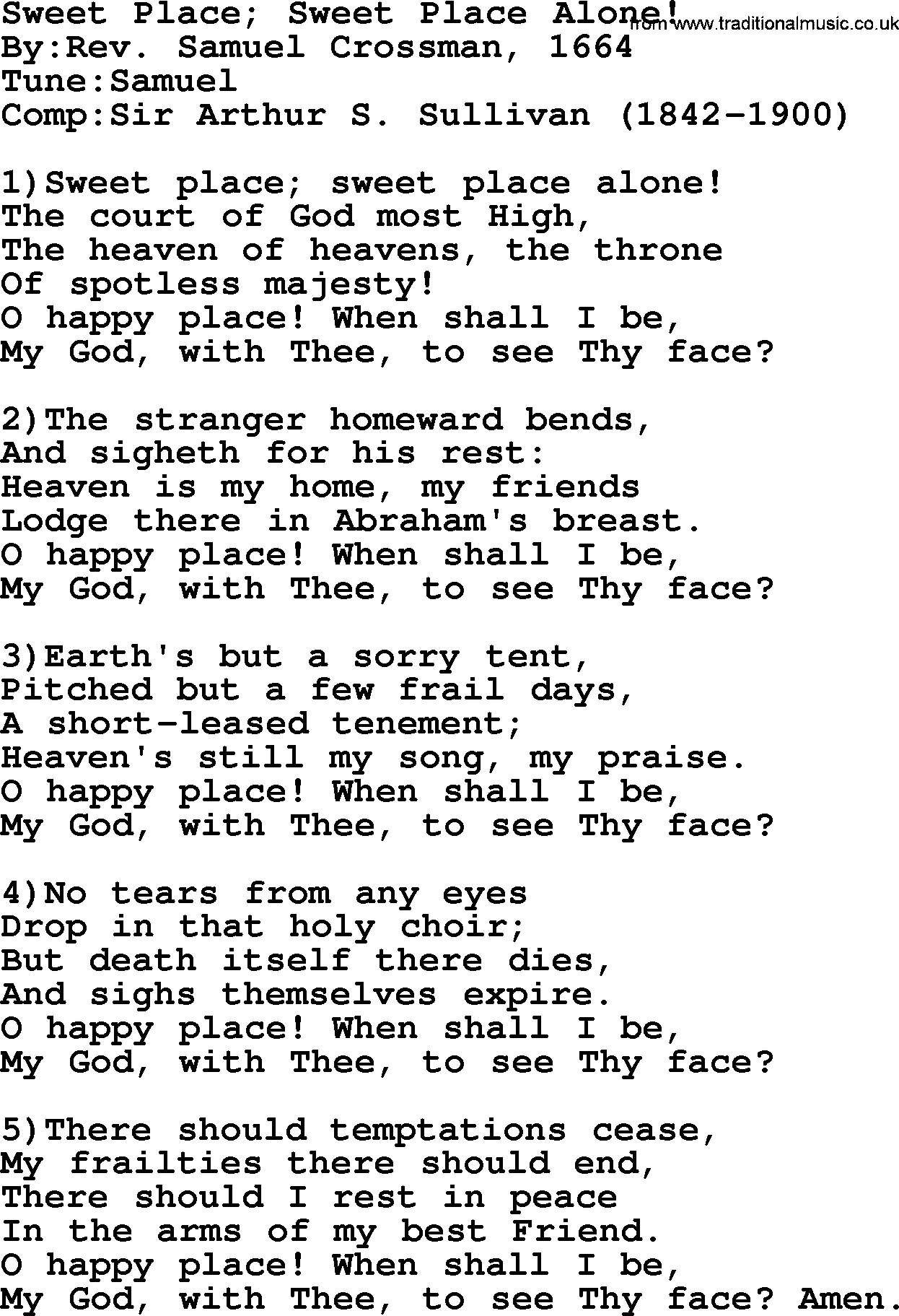 Methodist Hymn: Sweet Place; Sweet Place Alone!, lyrics