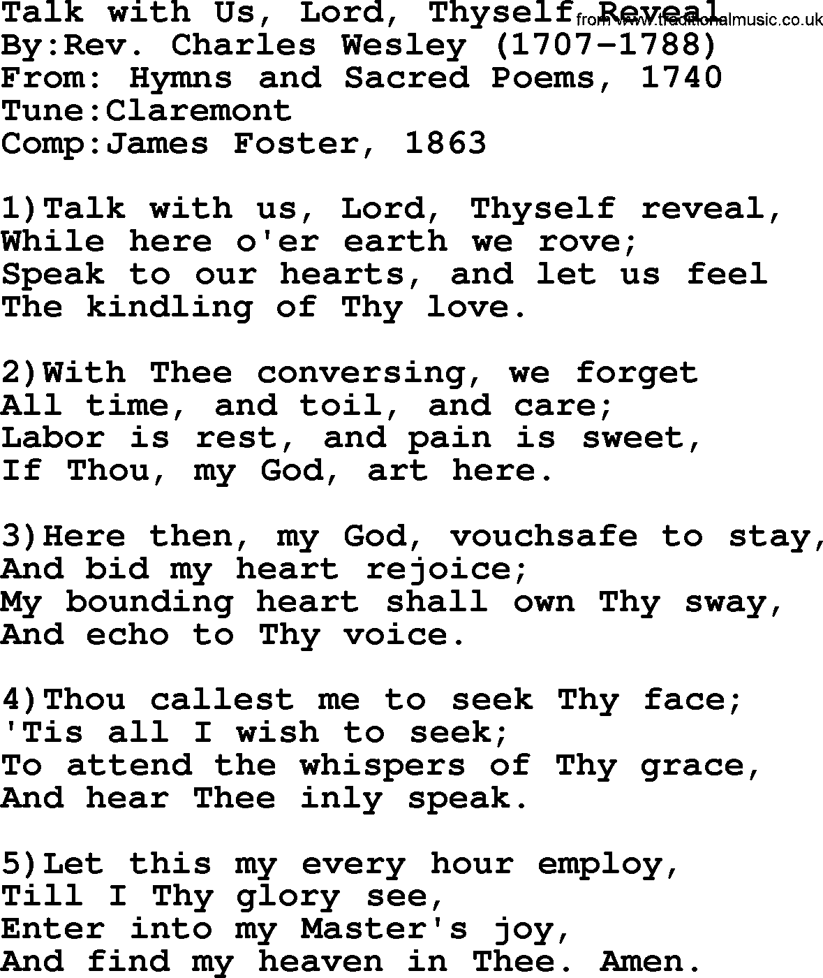 Methodist Hymn: Talk With Us, Lord, Thyself Reveal, lyrics