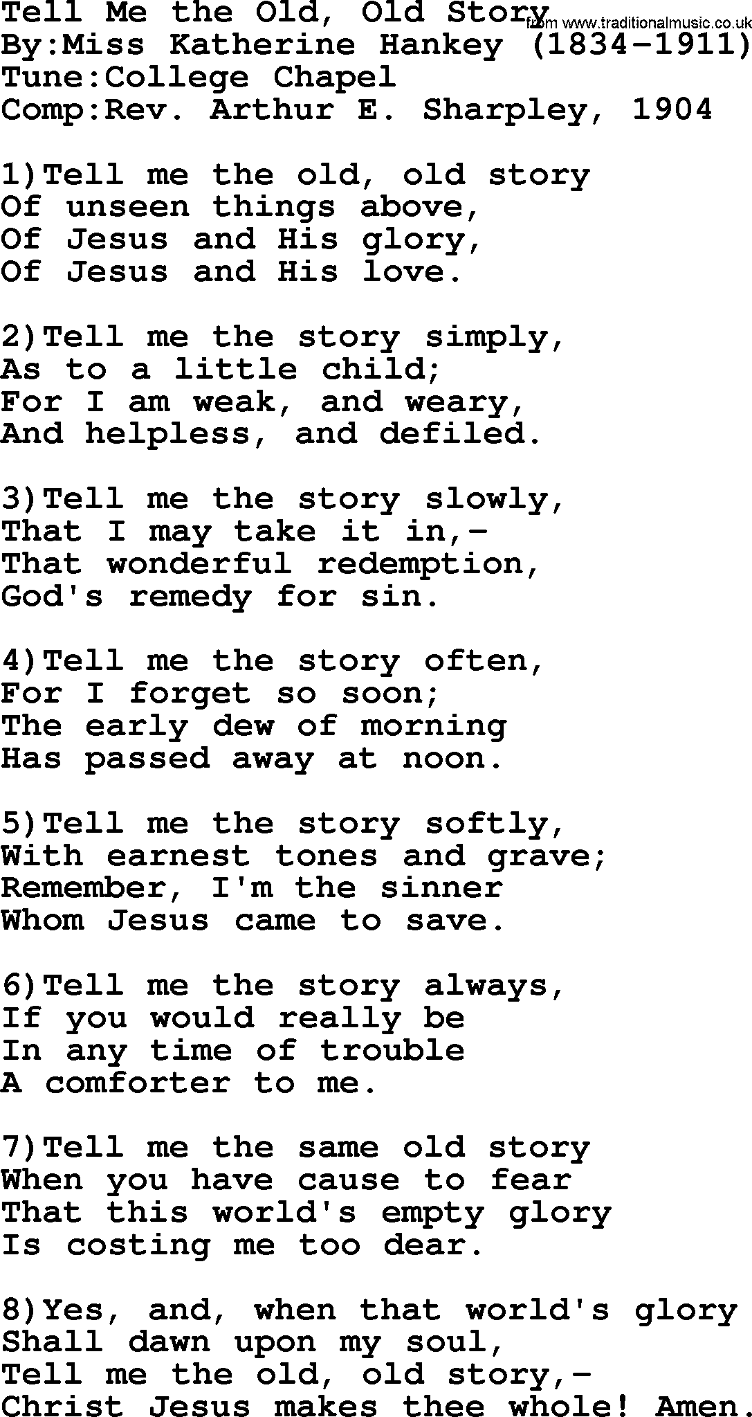 Methodist Hymn: Tell Me The Old, Old Story, lyrics