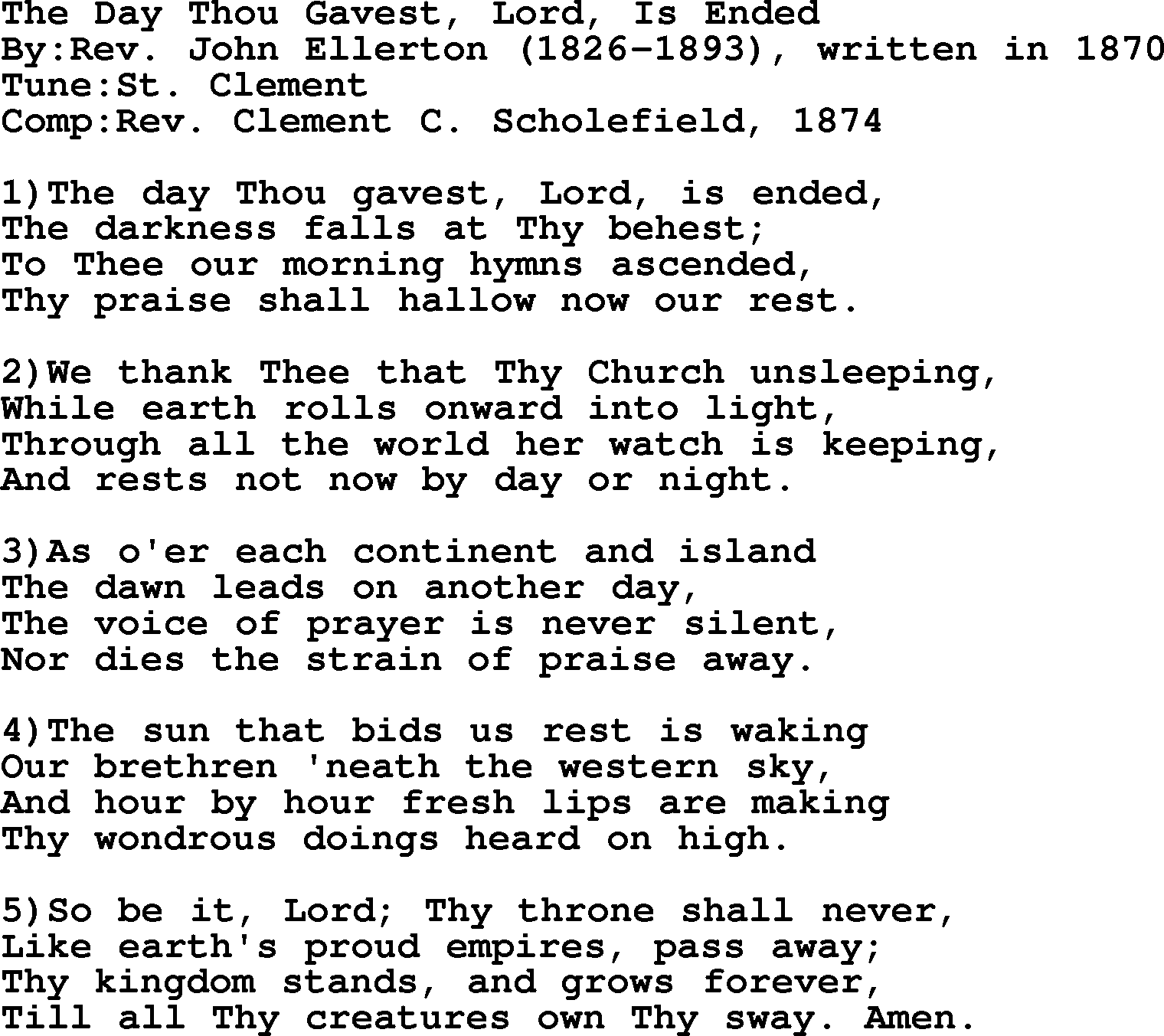Methodist Hymn: The Day Thou Gavest, Lord, Is Ended, lyrics