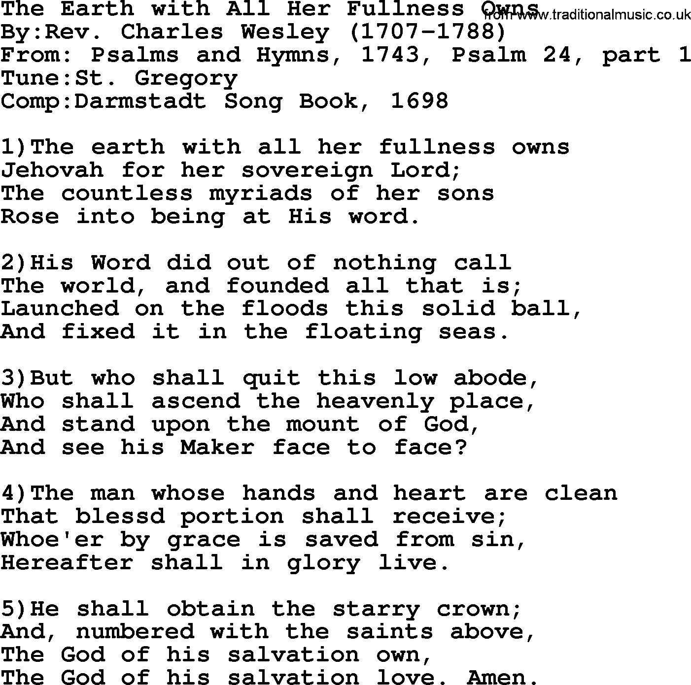 Methodist Hymn: The Earth With All Her Fullness Owns, lyrics