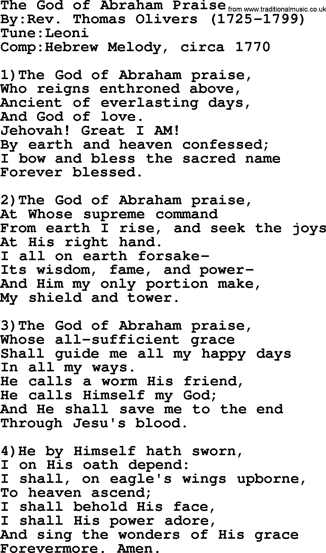 Methodist Hymn: The God Of Abraham Praise, lyrics