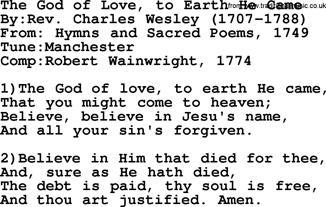 Methodist Hymn: The God Of Love, To Earth He Came, lyrics