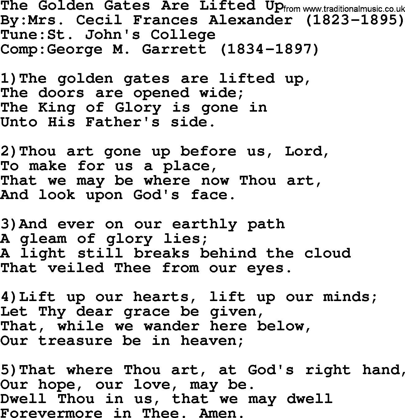 Methodist Hymn: The Golden Gates Are Lifted Up, lyrics