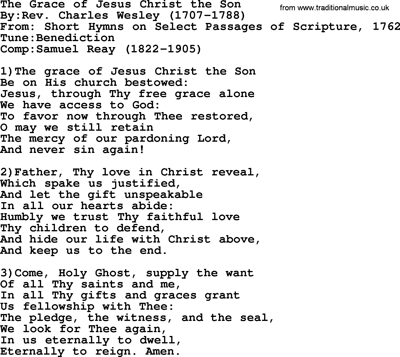 Methodist Hymn: The Grace Of Jesus Christ The Son, lyrics