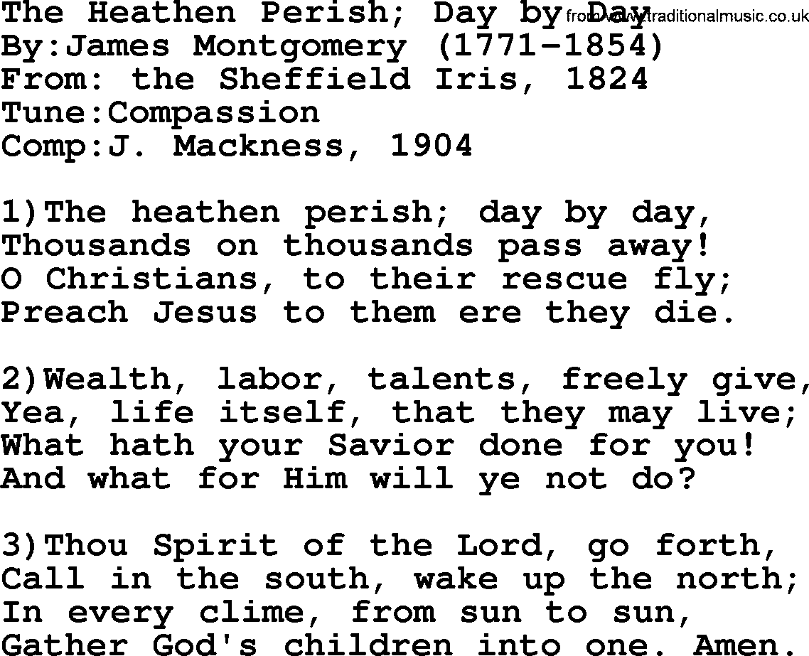 Methodist Hymn: The Heathen Perish; Day By Day, lyrics