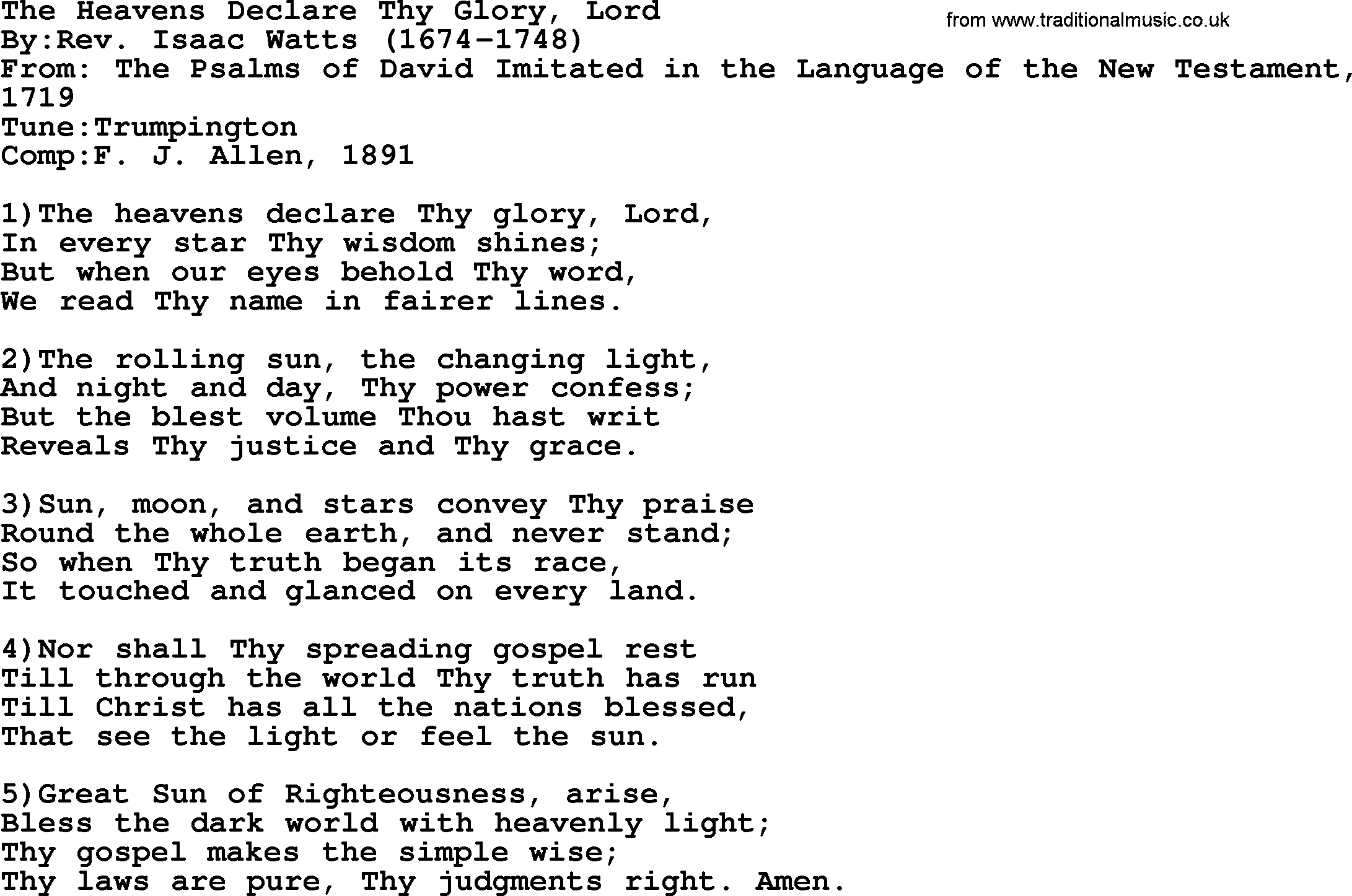 Methodist Hymn: The Heavens Declare Thy Glory, Lord, lyrics