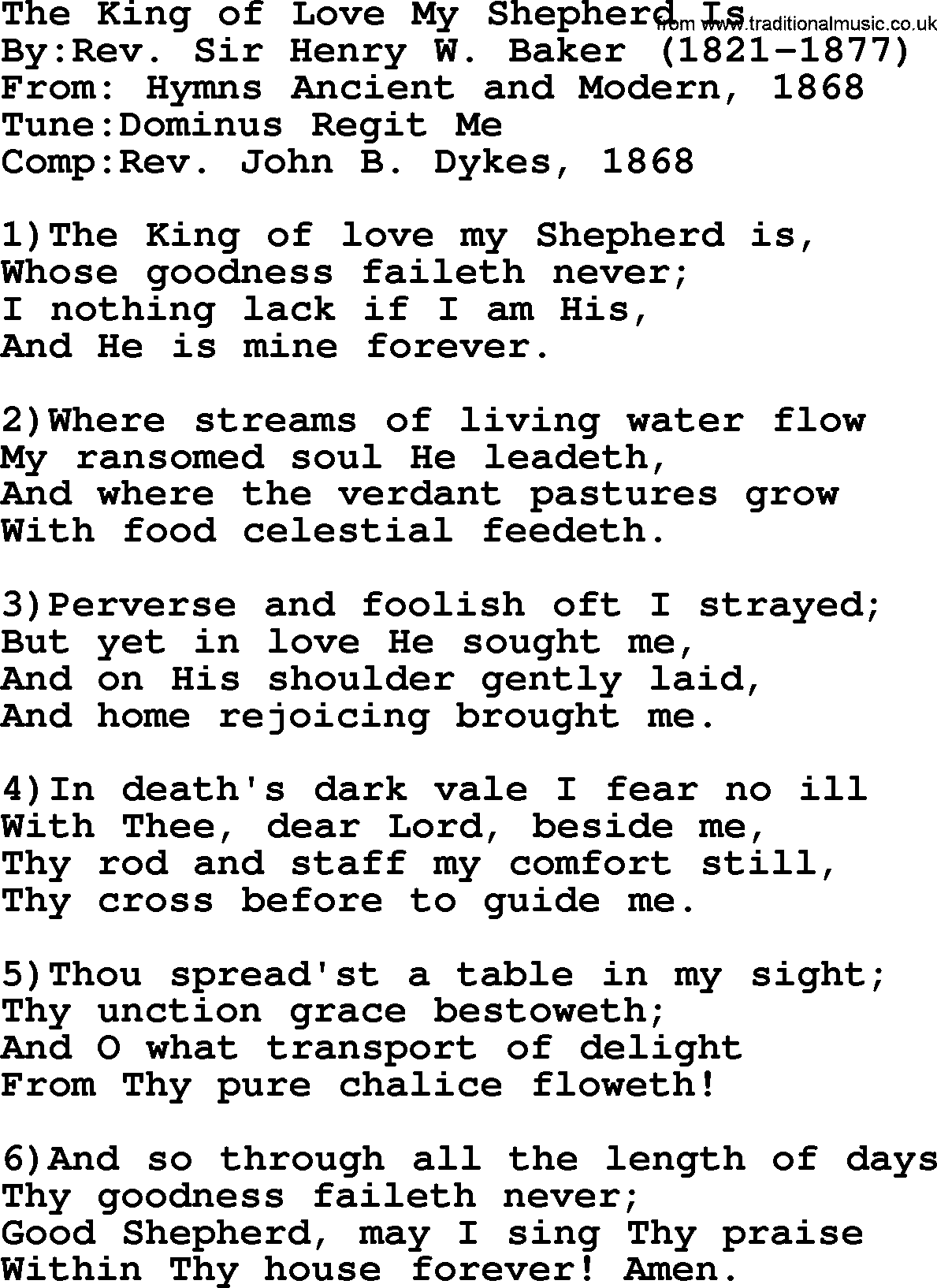 Methodist Hymn: The King Of Love My Shepherd Is, lyrics