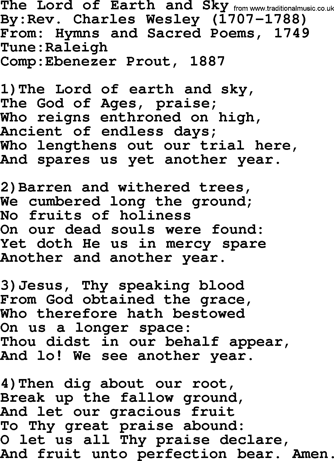 Methodist Hymn: The Lord Of Earth And Sky, lyrics