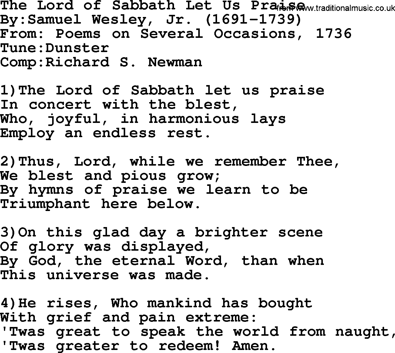 Methodist Hymn: The Lord Of Sabbath Let Us Praise, lyrics